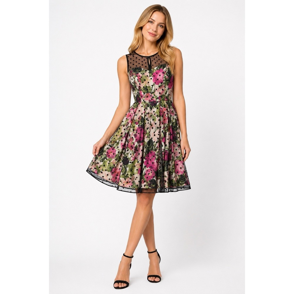 Eliza J Womens Size 2 Floral Fit & Flare Dress Polka Dot Mesh Party Cocktail